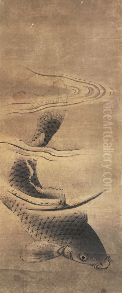 Swimming Carp [left of a pair of Carps] Oil Painting by Settei