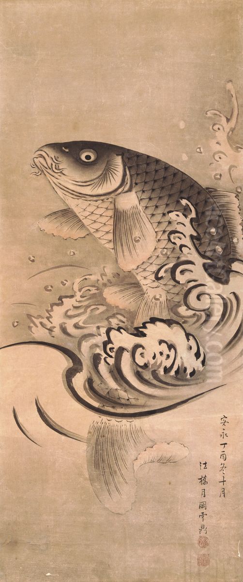 Carp Leaping Out of Water [right of a pair of Carps] Oil Painting by Settei