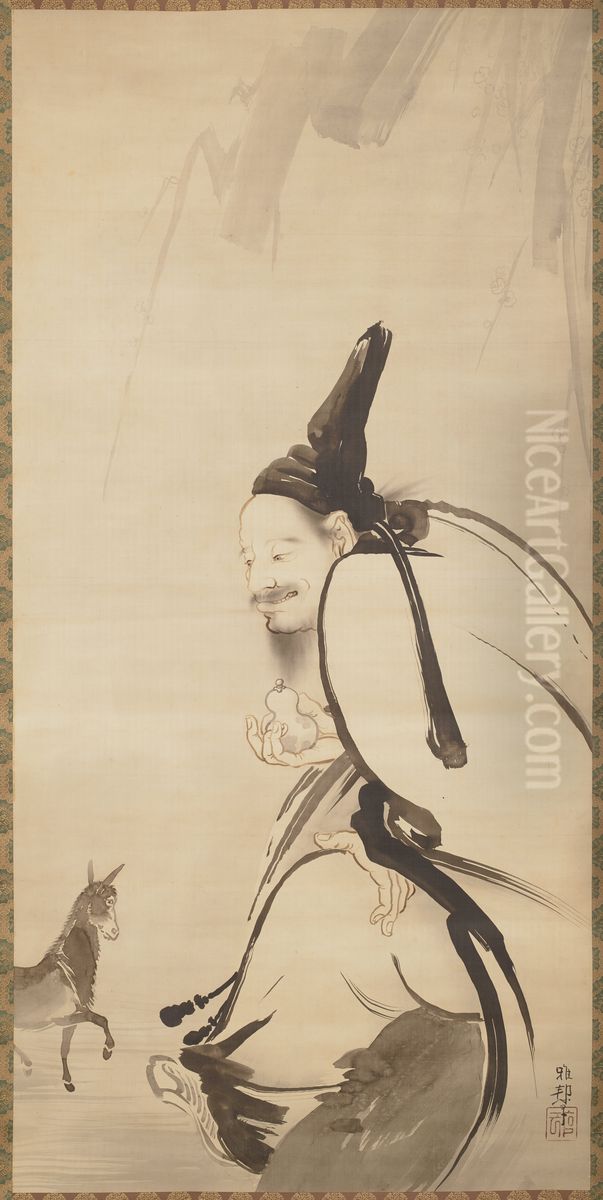 The Immortal Zhang Guolao Releasing His Mule from a Gourd Oil Painting by Hashimoto Gaho