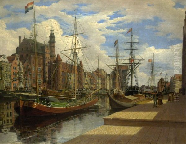 Mottlaufluss und Lange Brucke in Danzig Oil Painting by Johann Karl Schultz