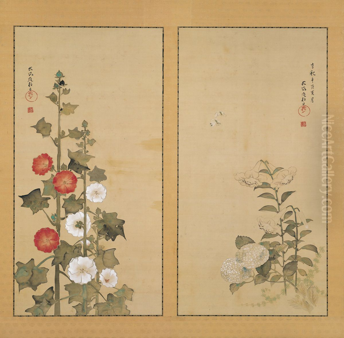 Lilies with Hydrangea and Hollyhocks Oil Painting by Sakai Hoitsu