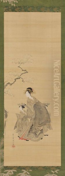 A Prostitute and her attendants under a cherry tree Oil Painting by Chobunsai Eishi