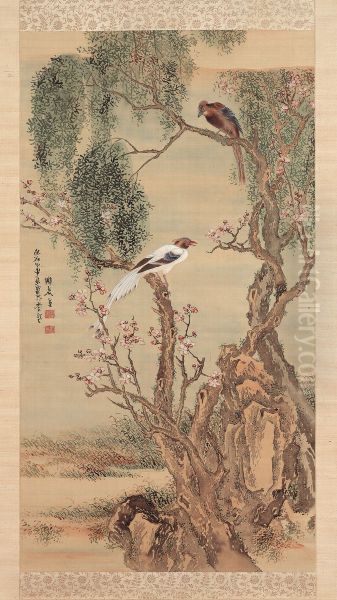 Two Magpies on Willow and Peach Trees Oil Painting by Yosa Buson
