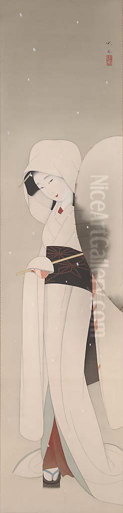 Woman with Parasol in Falling Snow Oil Painting by Mori Ippo