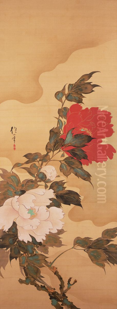 Peonies in the Wind Oil Painting by Sakai Hoitsu