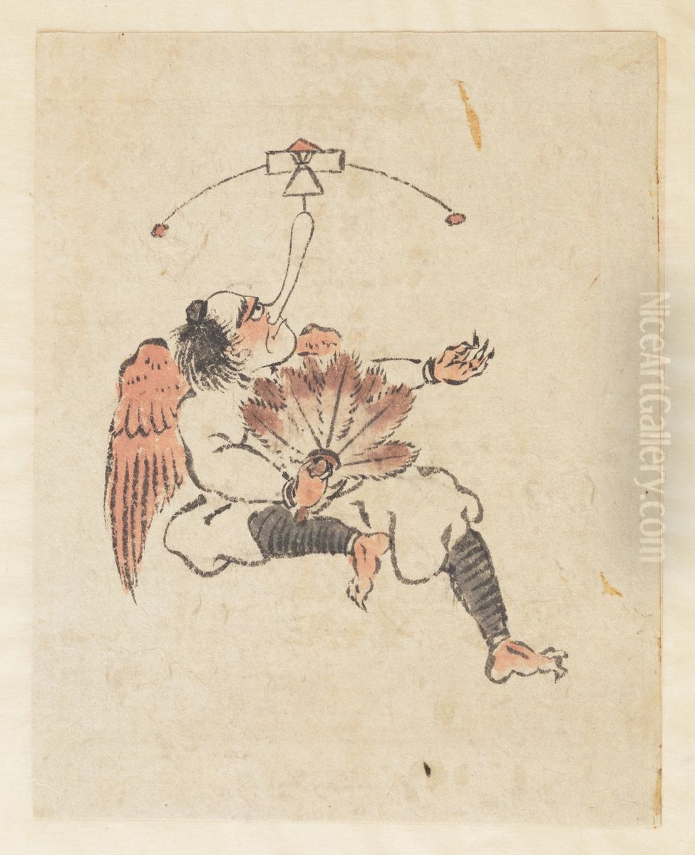 Tengu Oil Painting by Katsushika Hokusai