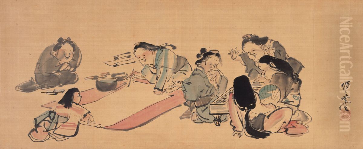 Seven Otafukus Oil Painting by Kawanabe Kyosai