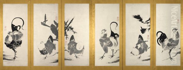 Roosters and Hens [left of a pair] Oil Painting by Ito Jakuchu