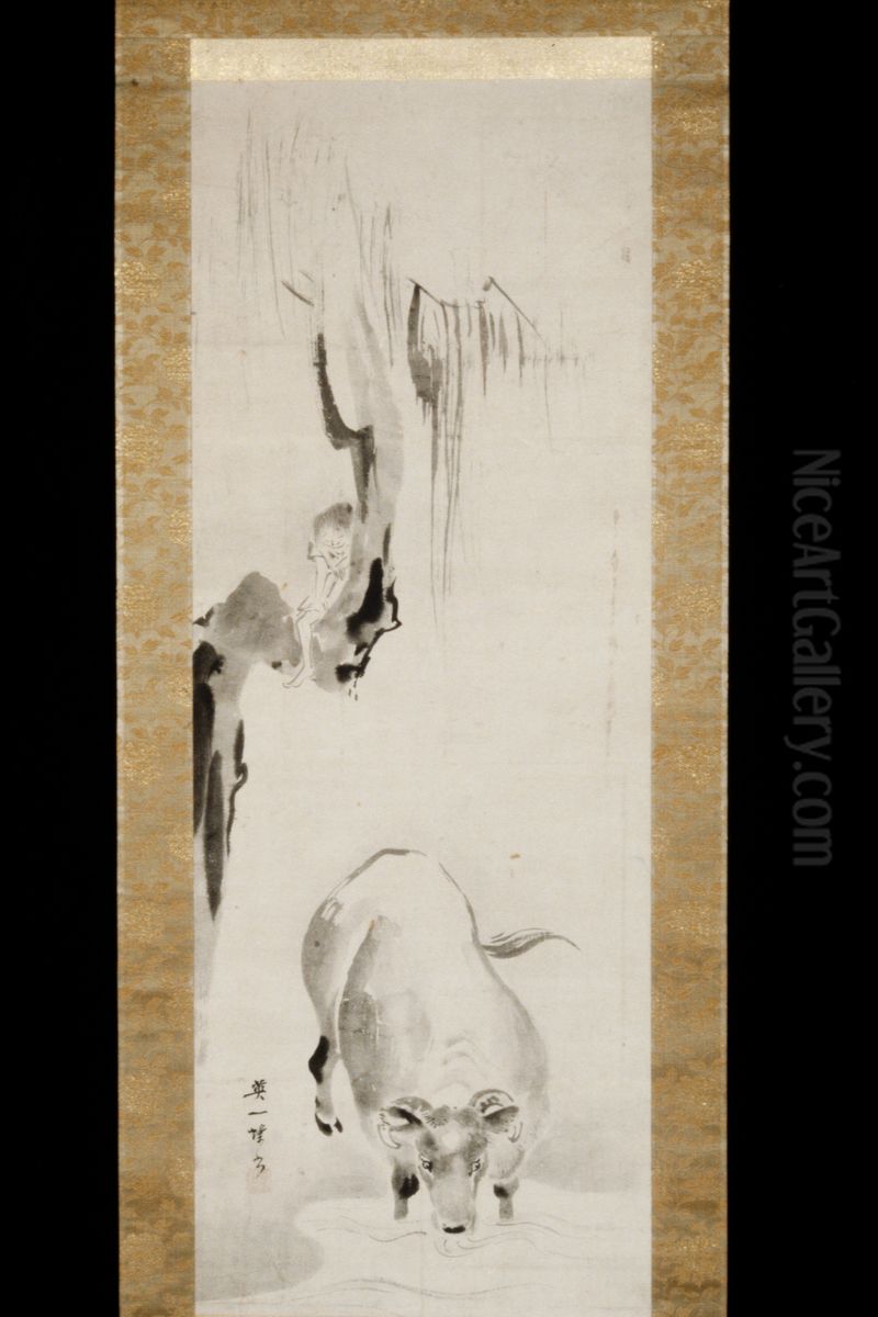 Boy with Water Buffalo [left of a pair] Oil Painting by Hanabusa Itcho