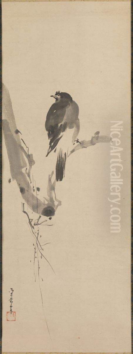 Myna on a Branch [left of a triptych of Scholar with Heron and Myna] Oil Painting by Kusumi Morikage