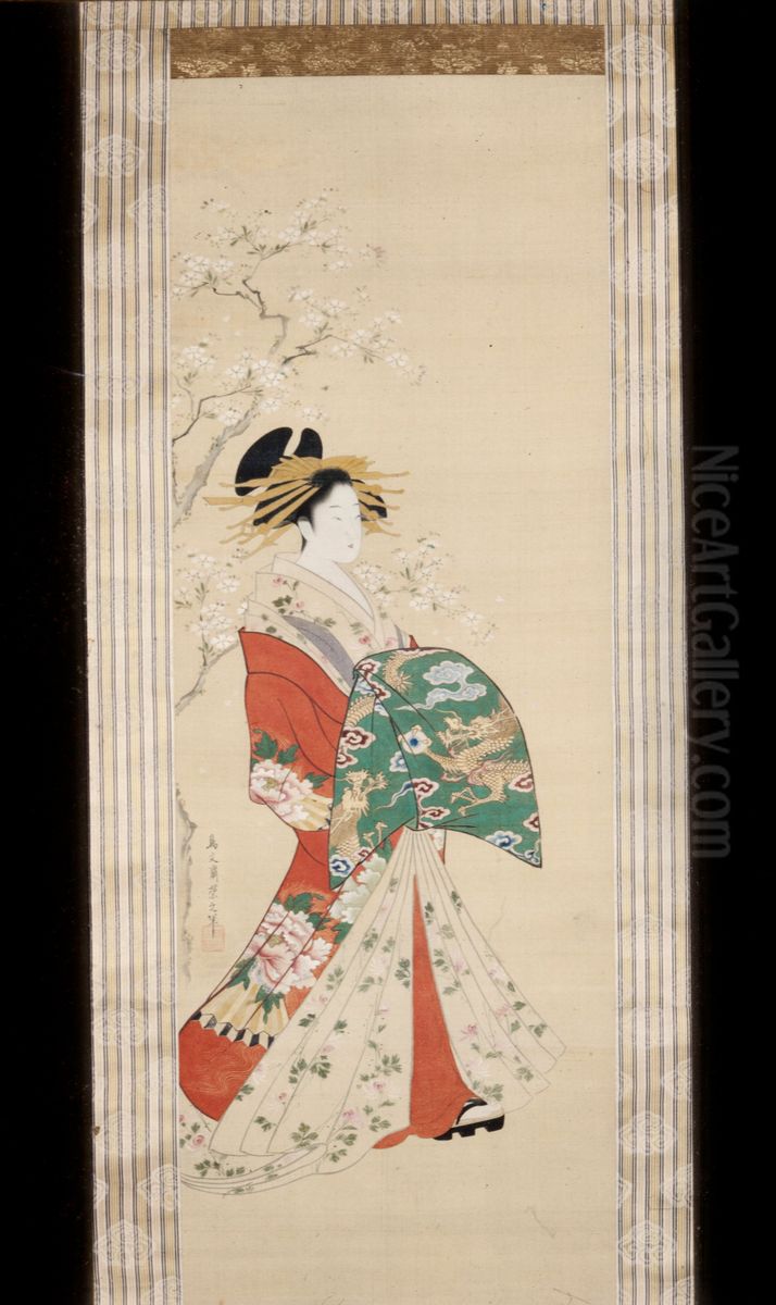 Prostitute Standing Beneath a Cherry Tree Oil Painting by Chobunsai Eishi