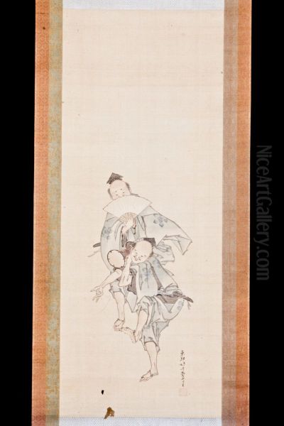 Manzai Performers Oil Painting by Katsushika Hokusai