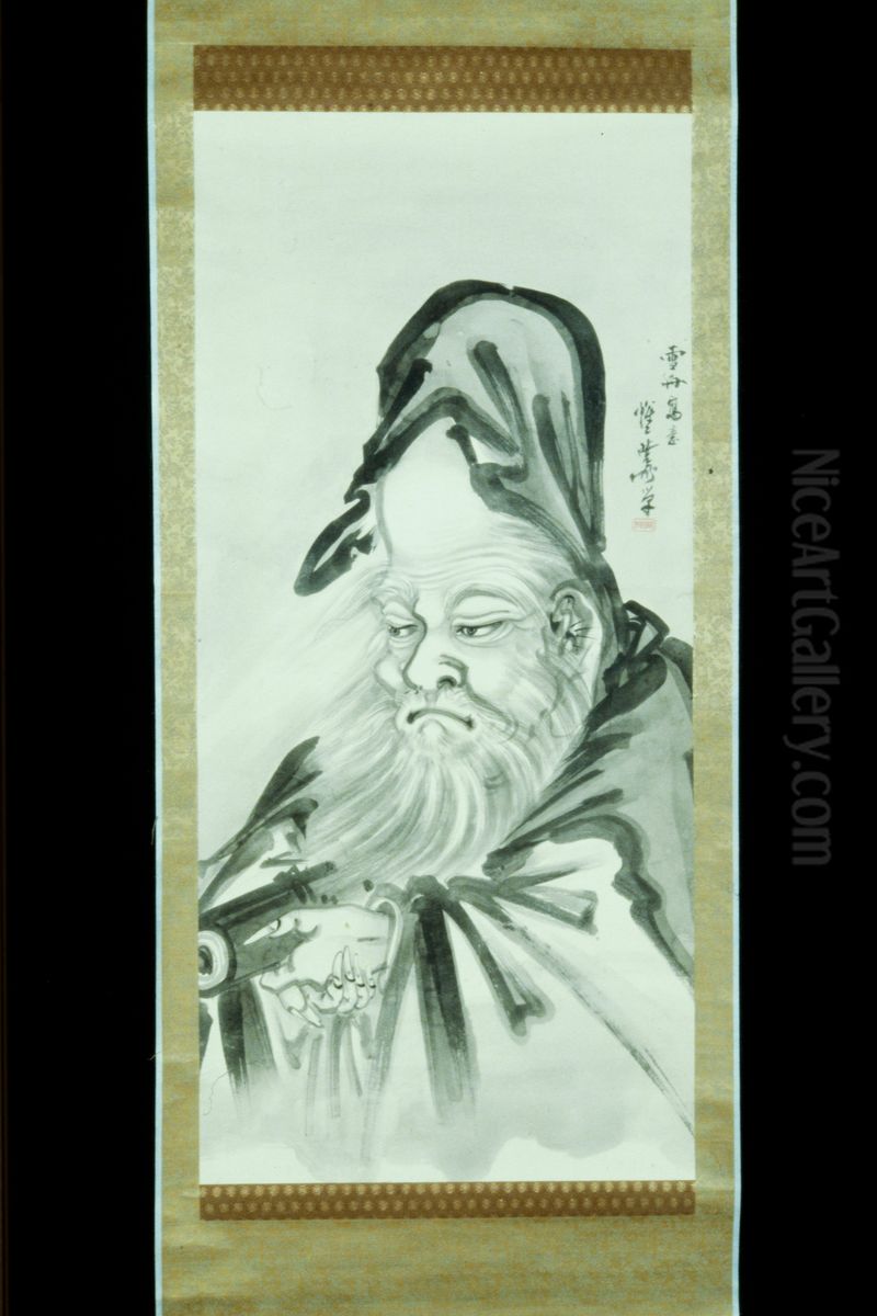 Jurojin [center of a triptych] Oil Painting by Kawanabe Kyosai