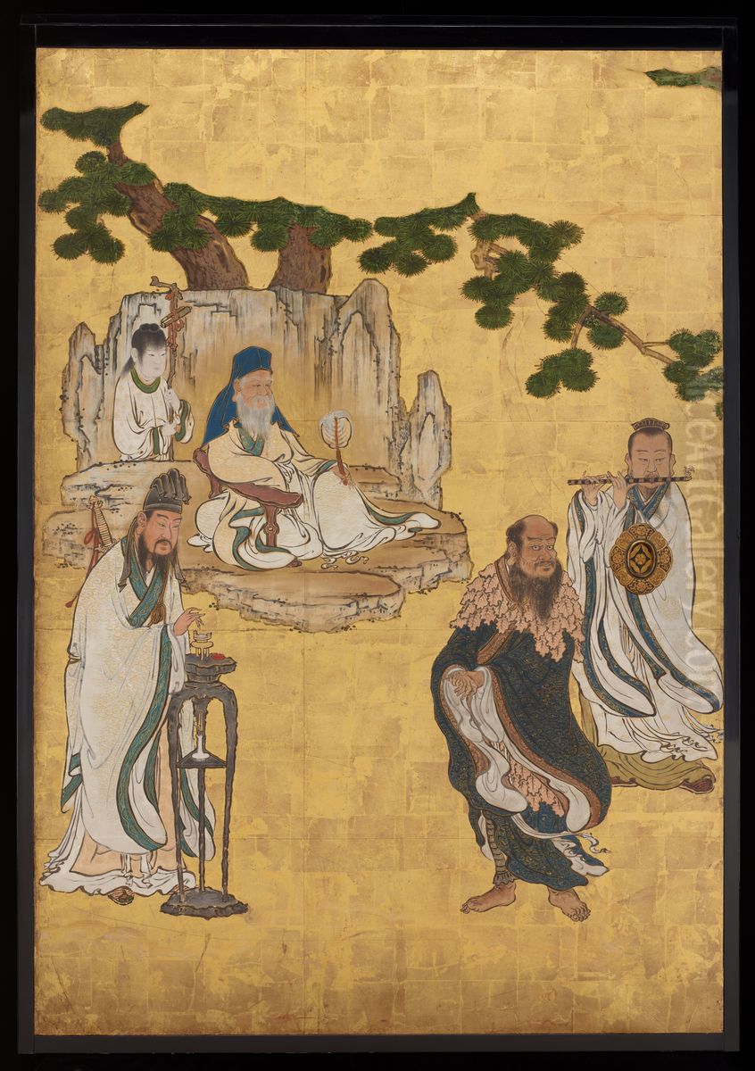 Old Man of the Southern Pole (under tree), Lu Dongbin (left), Zonglin Quan (center), Xue Shenwong (right) [center left of the set Daoist Immortals] Oil Painting by Kano Sansetsu