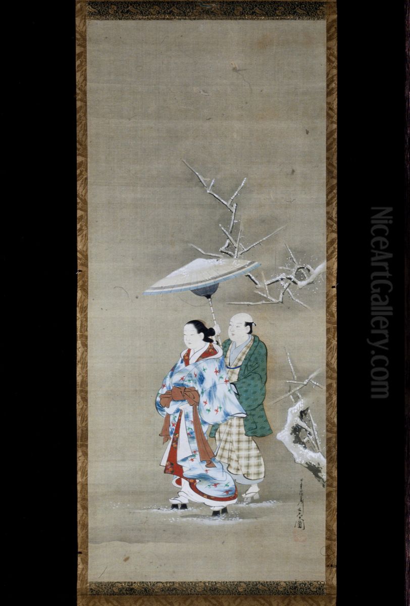 Prostitute Walking in Snow Oil Painting by Miyagawa Choshun