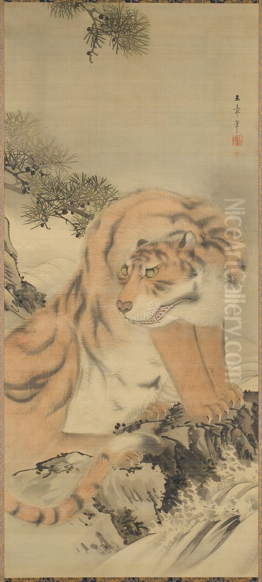 Tiger by a Stream Oil Painting by Kawabata Gyokusho