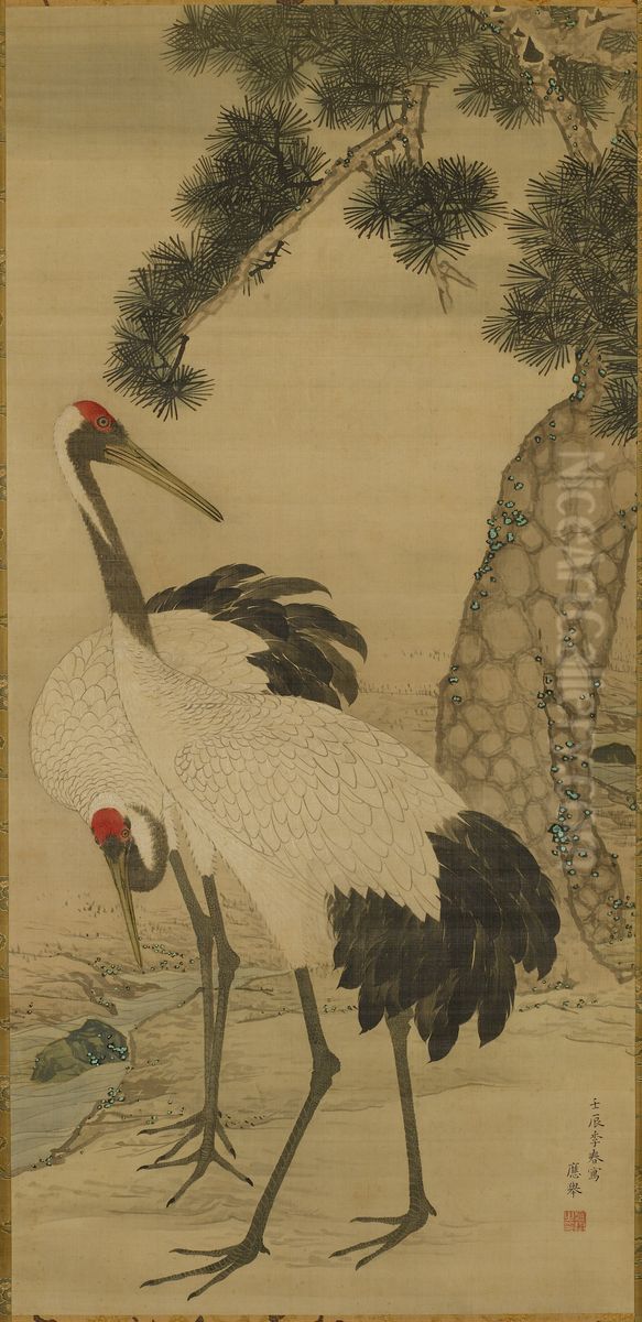 Two Cranes and a Pine Tree Oil Painting by Maruyama Okyo
