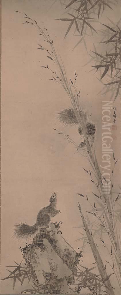Bamboo and Squirrels Oil Painting by Mochizuki Gyokusen