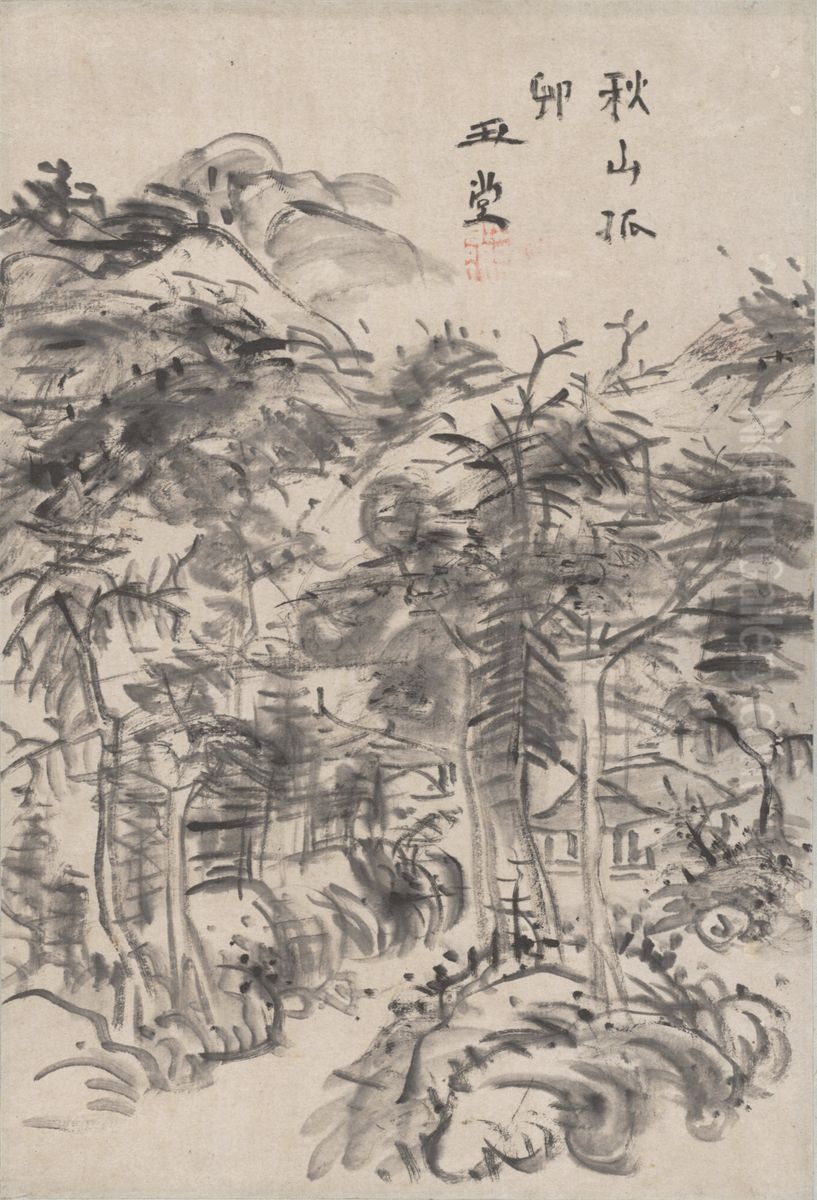 Isolated Village in Autumn Mountains Oil Painting by Uragami Gyokudo