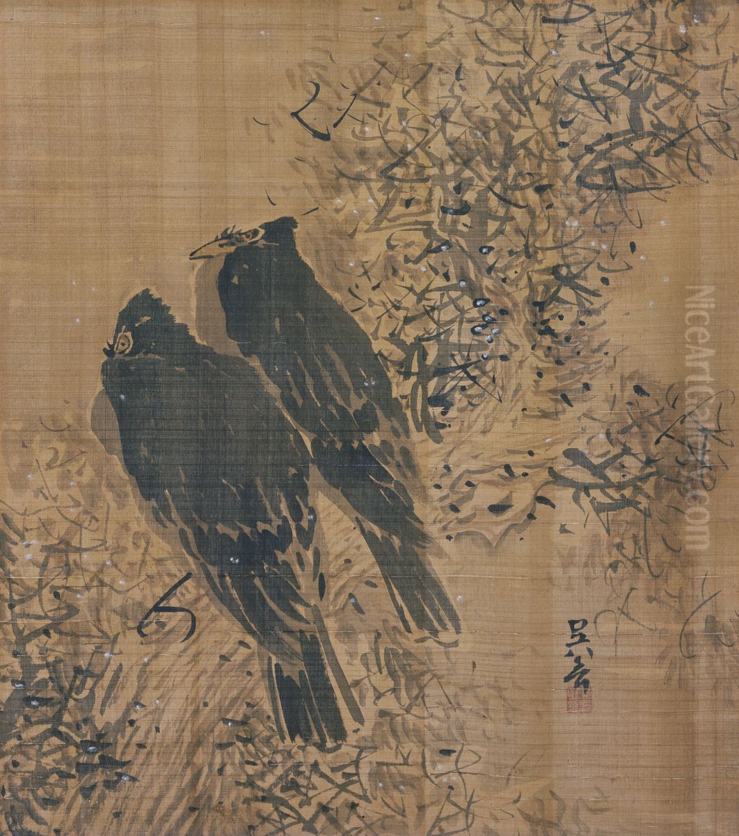 Two Crows Oil Painting by Matsumura Goshun