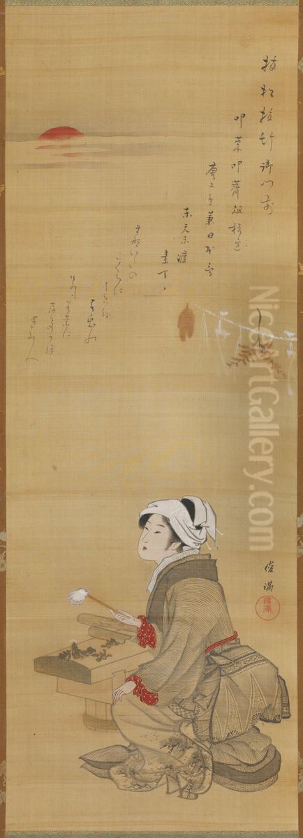 Preparing the Seven-herb Rice Porridge Oil Painting by Kubo Shunman