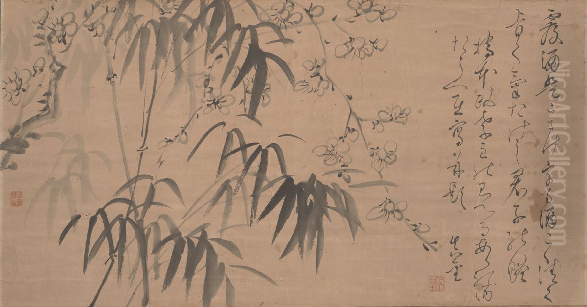 Bamboo and Plum Blossoms Oil Painting by Fujimoto Tesseki