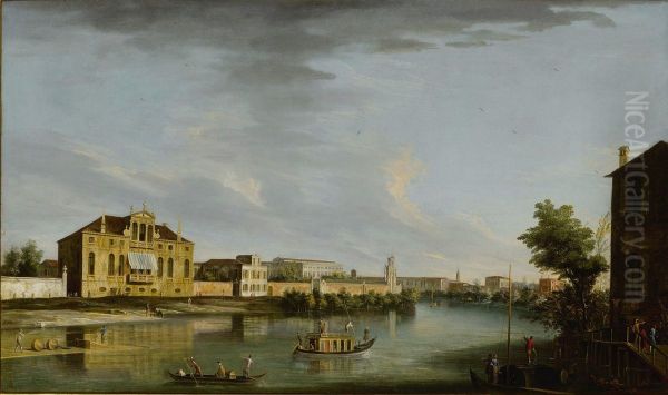VIEW OF THE RIVER BRENTA AT STRA WITH THE VILLA CAPPELLO AND THE VILLA PISANI Oil Painting by Apollonio Domenichini