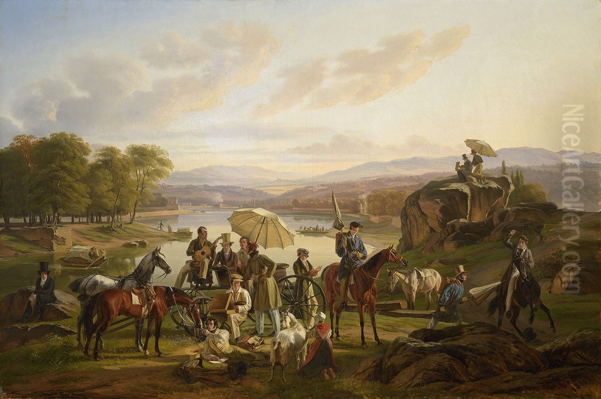 La Halte des artistes lyonnais a l'ile Barbe Oil Painting by Antoine Duclaux