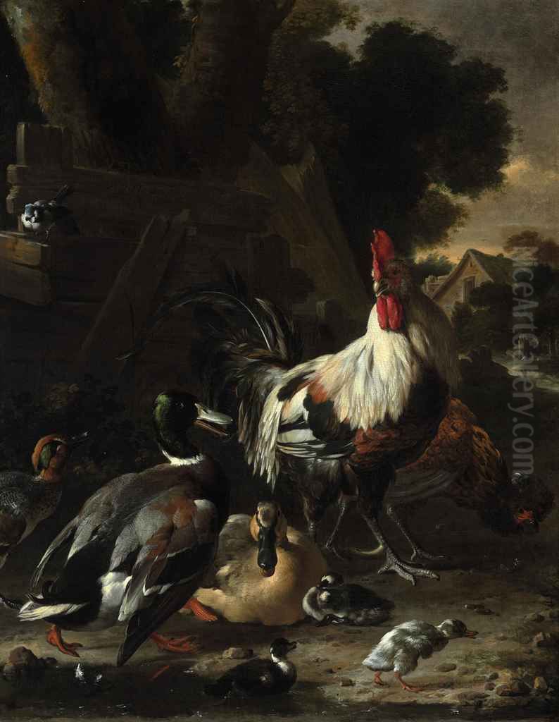 Ducks, hens and other fowl in a yard Oil Painting by Melchior D'Hondecoeter