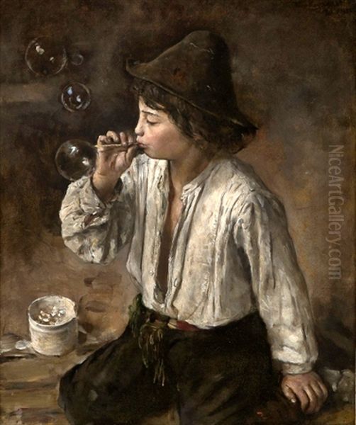 Boy blowing bobbles Oil Painting by Hans Heyerdahl Boy blowing bobbles Oil Painting by Hans Heyerdahl
