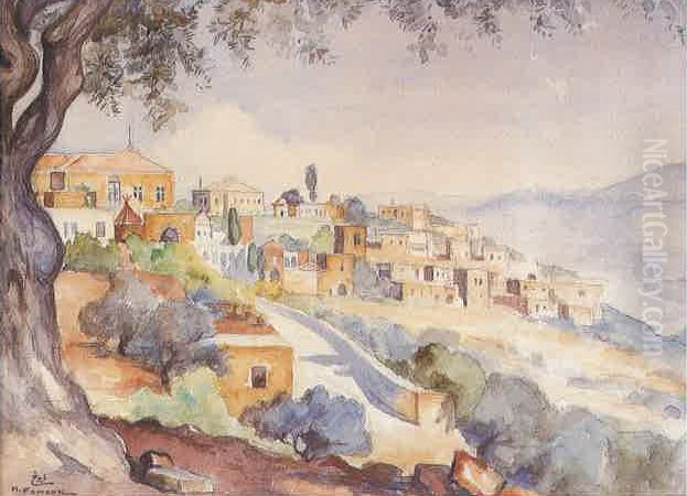 Deir Al-Qamar Vu de Baaqline. Oil Painting by Moustafa Farroukh