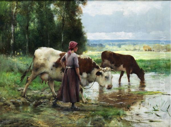 Young woman soaring cattles Oil Painting by Julien Dupre