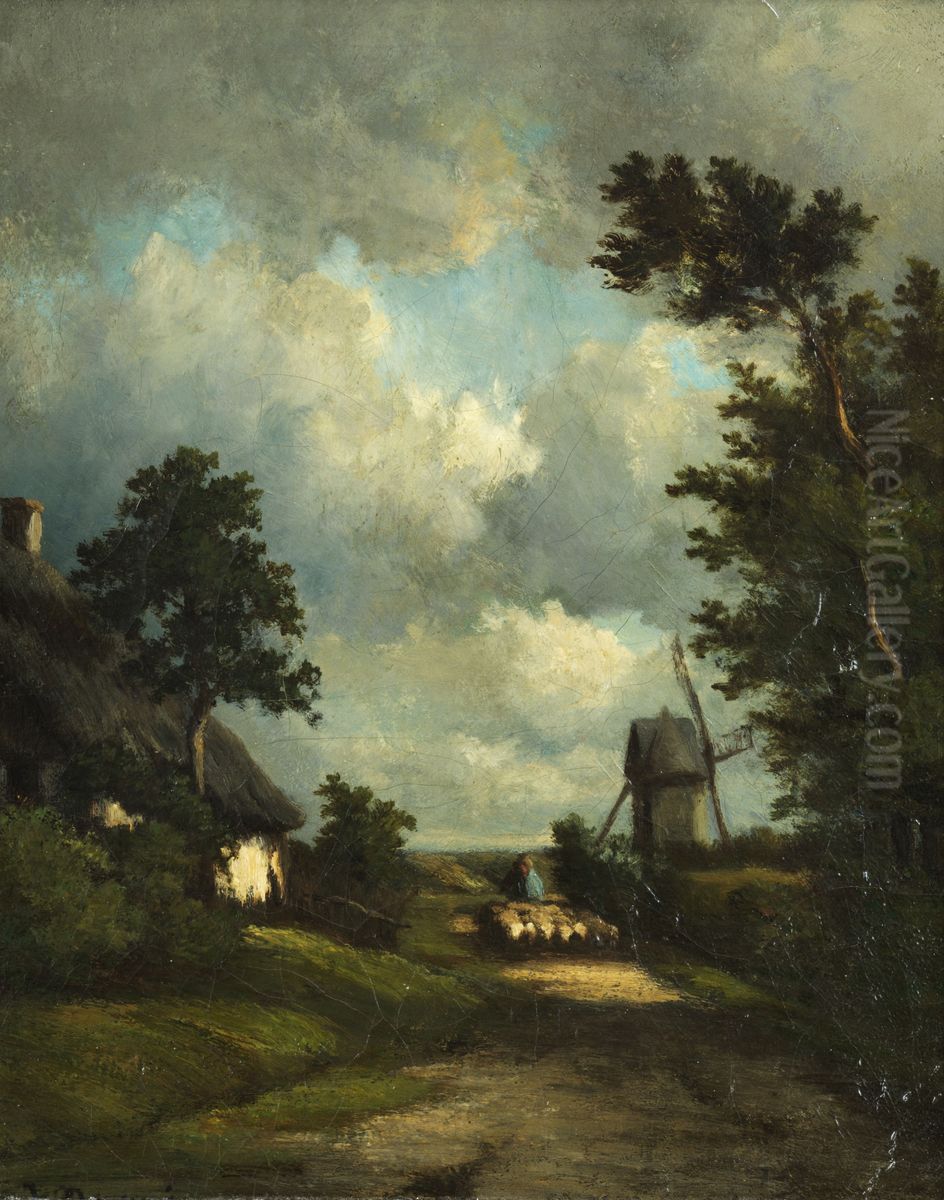 Landscape with thatched hut Oil Painting by Jules Dupre