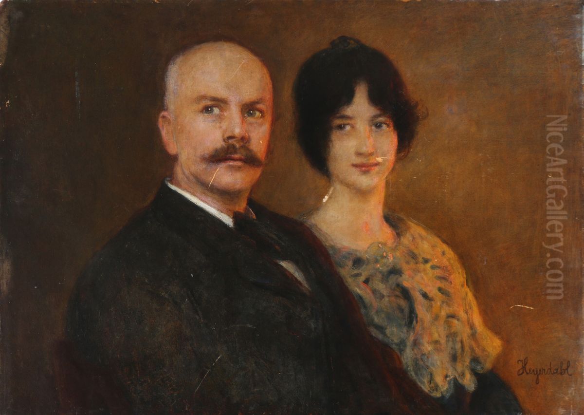 A double portrait of the Danish author Carl Ewald and his daughter Karen Ewald. Oil Painting by Hans Heyerdahl