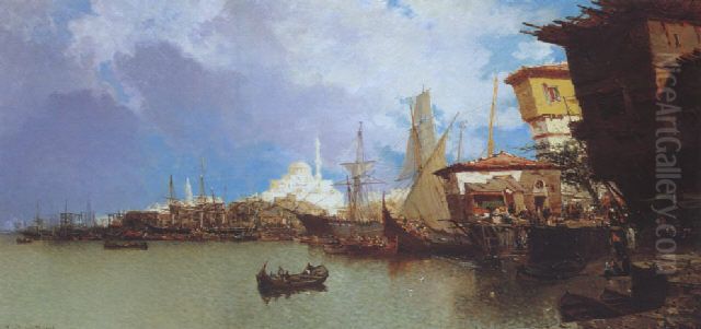 Bateaux sur le Bosphore. Oil Painting by Jean-Baptiste Henri Durand-Brager