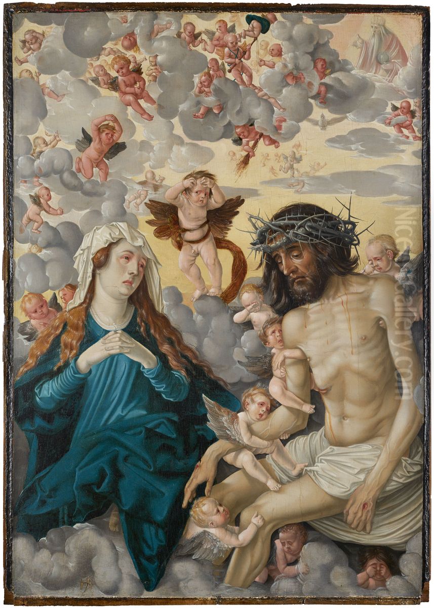 Christ as man of sorrows wept by mary and angels Oil Painting by Hans Baldung Grien