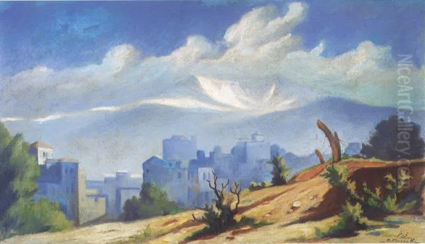 Beyrouth et le Sannine. Oil Painting by Moustafa Farroukh