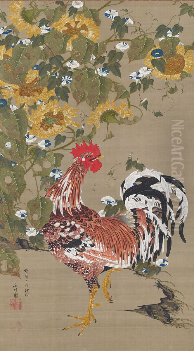 Rooster and Sunflowers Oil Painting by Ito Jakuchu