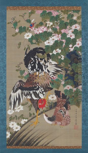 Rose mallows and fowl Oil Painting by Ito Jakuchu