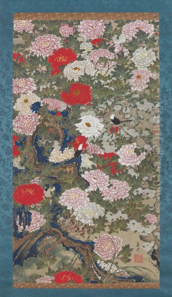 Peonies and birds Oil Painting by Ito Jakuchu