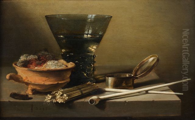Still Life with Smoking Implements and Berkemeyer, 1638 Oil Painting by Pieter Claesz