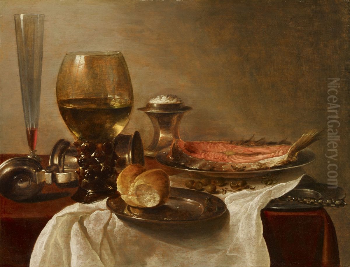 Still life with glass, bread and salmon Oil Painting by Cornelis Kruys