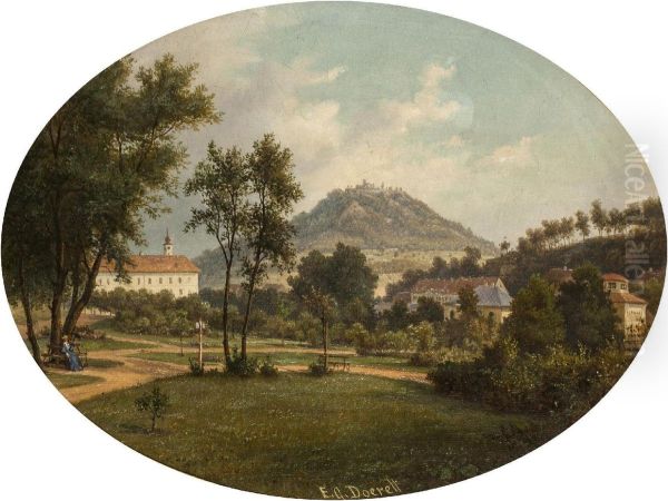 Blick auf den Teplitzer Schlossberg (Doubravka) mit der Burg Daubersberg vom Schlosspark in Teplitz Oil Painting by Ernst Gustav Doerell