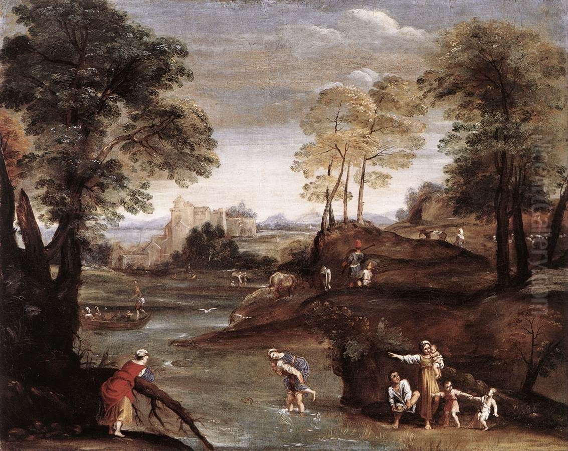 Landscape with Ford Oil Painting by Domenico Zampieri (Domenichino)