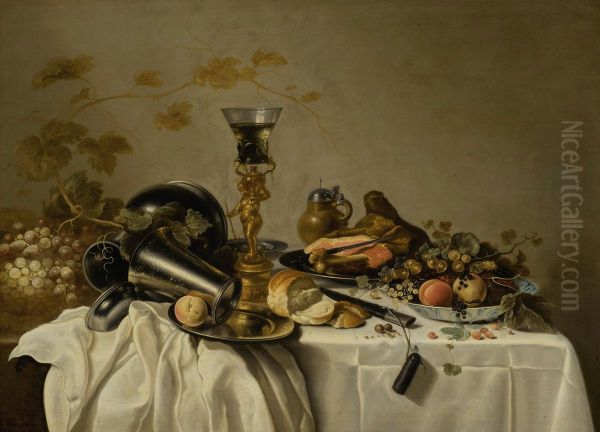 Still life with bekerschroef, pewter, ham, fruit in a Wanli bowl Oil Painting by Roelof Koets