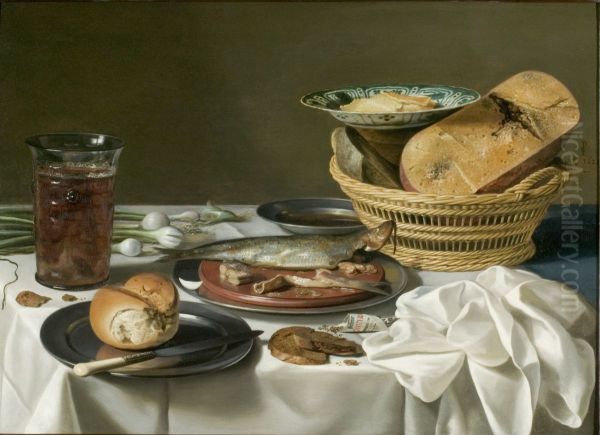 Stilleven met oude kaas in mand, haring, uitjes en brood op een wit servet, 1625 gedateerd Oil Painting by Pieter Claesz
