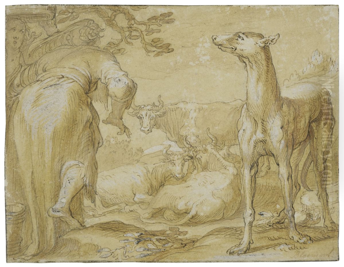 Landskap med tva kvinnor, en greyhound och boskap Oil Painting by Abraham Bloemaert