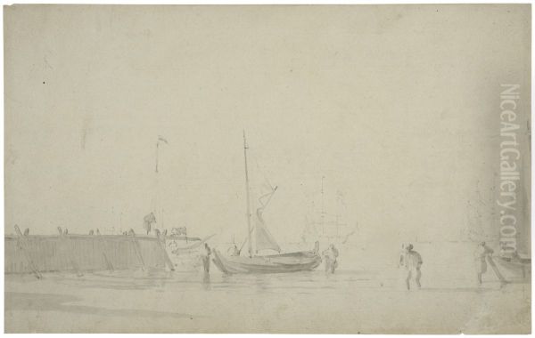Fiskebatar i hamn, stora fartyg i farleden Oil Painting by Willem van de Velde the Younger