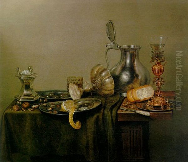 A silver salt-cellar and upturned tazza, a pewter flagon, a roemer on a silver-gilt stand, a peeled lemon on a pewter plate Oil Painting by Gerret Willemsz Heda