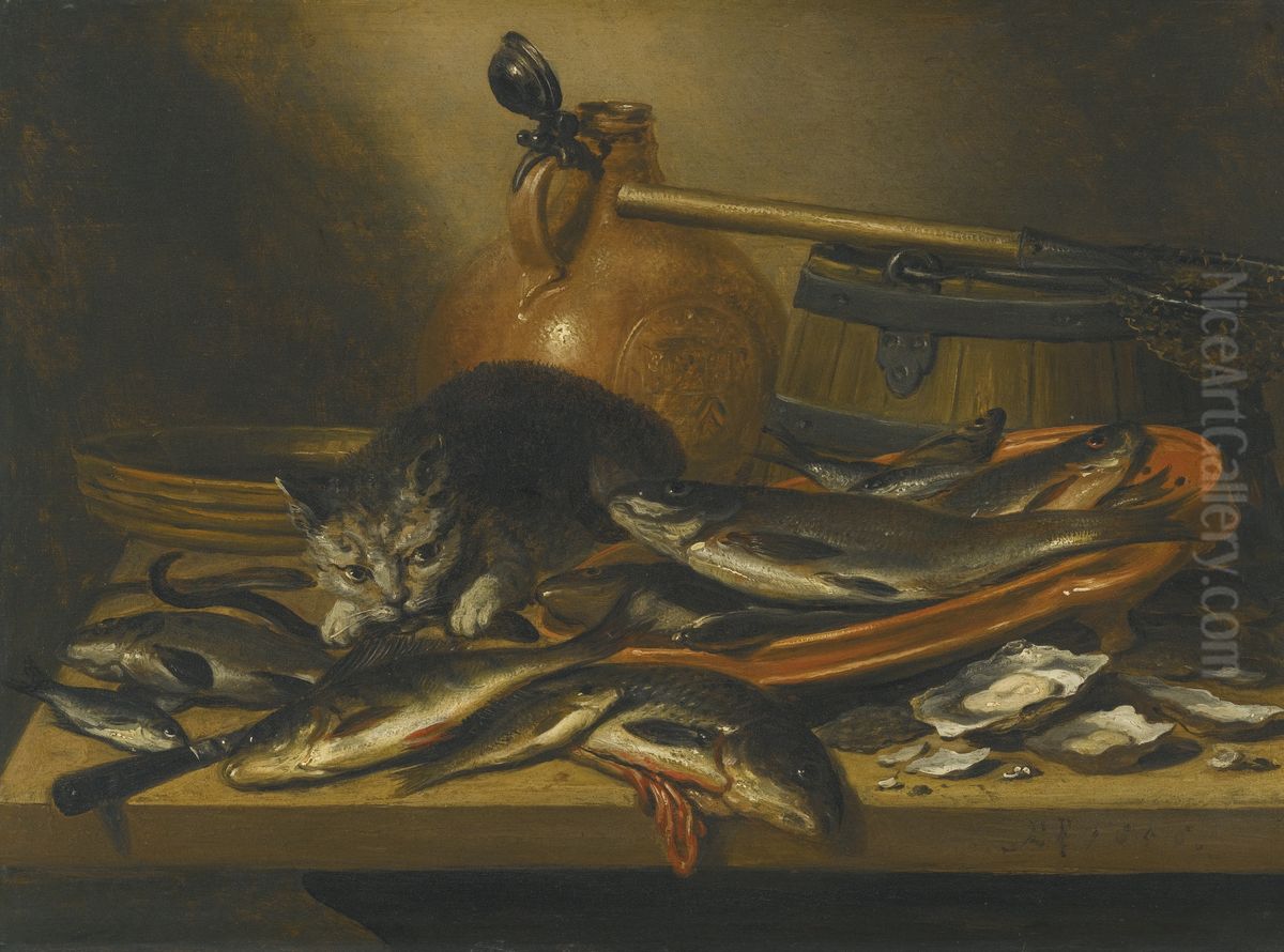Still life of fresh-water fish with a cat and a bellarmine Oil Painting by Pieter Claesz